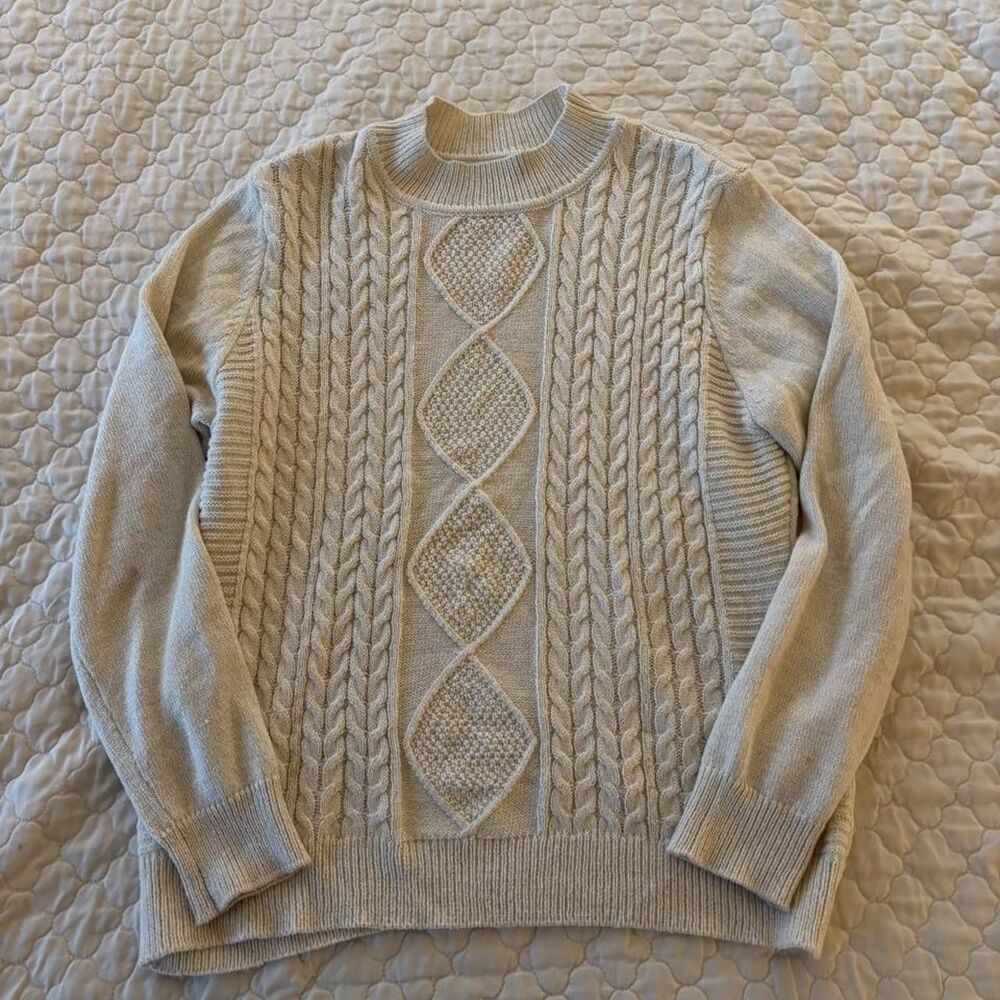 Women’s Cream & White Colored Cable Knit High Neck Sweater Size L Cottagecore